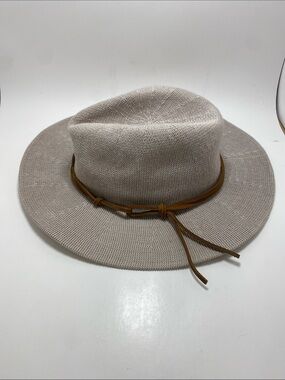 Anthropologie Taupe Knit Wide-Brim Hat with Tan Leather Tie